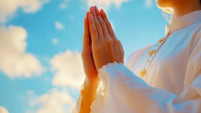 Palms folded in prayer against the sky, the morning light envelops the hands and emphasizes the silence, prayer reflects faith and hope, filling the frame with peace.