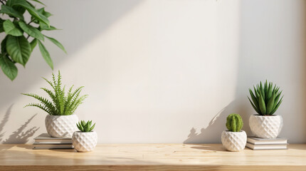 A close-up image of a space for showcasing products on a wooden table features towels and a potted plant against the white wall in a minimalist bathroom