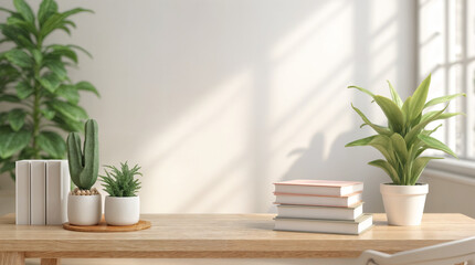 Fototapeta premium A close-up image of a space for showcasing products on a wooden table features towels and a potted plant against the white wall in a minimalist bathroom