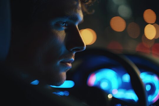 Young man inside futuristic self-driving car with glowing blue hud at night