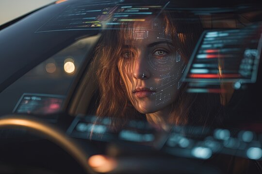 Young woman in sleek self-driving car with glowing ar interface and holographic displays