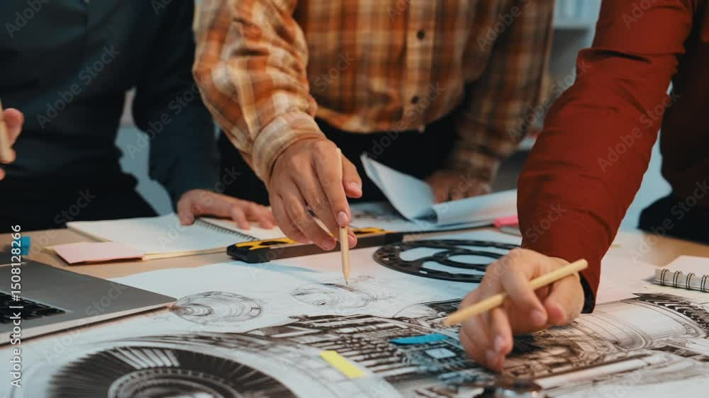 Poster a dynamic team collaborates on technical drawings and engineering designs using laptops and tools, s