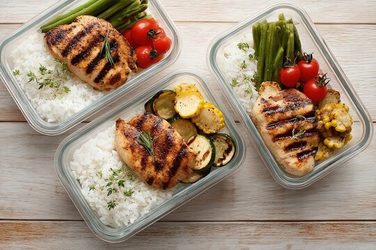 Healthy meal prep containers with grilled chicken, rice, and vegetables on wooden table