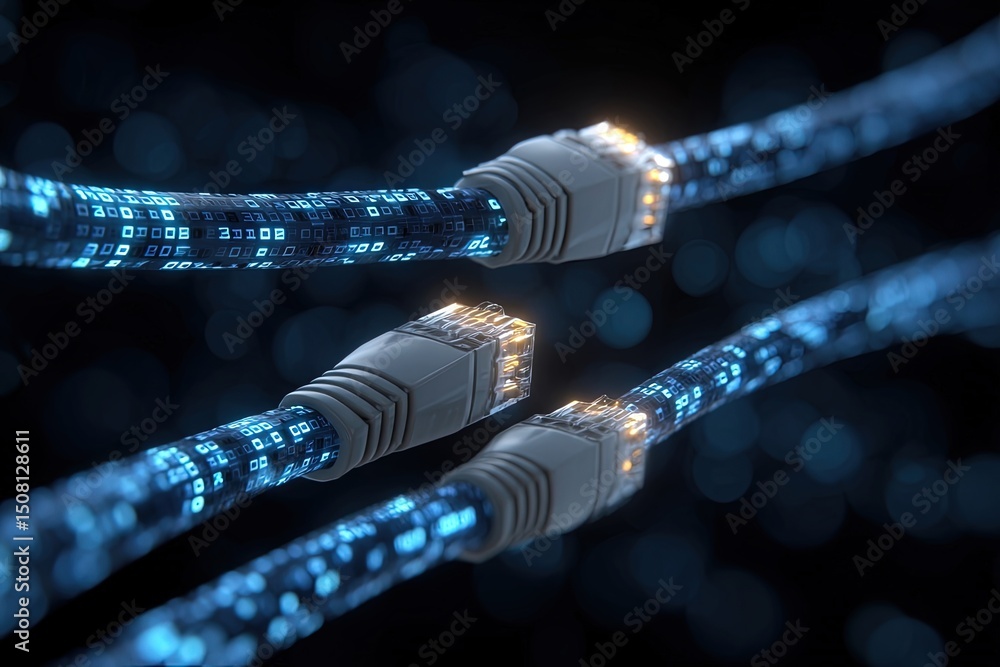 Poster three blue network cables connected with glowing binary code on black background, digital communicat