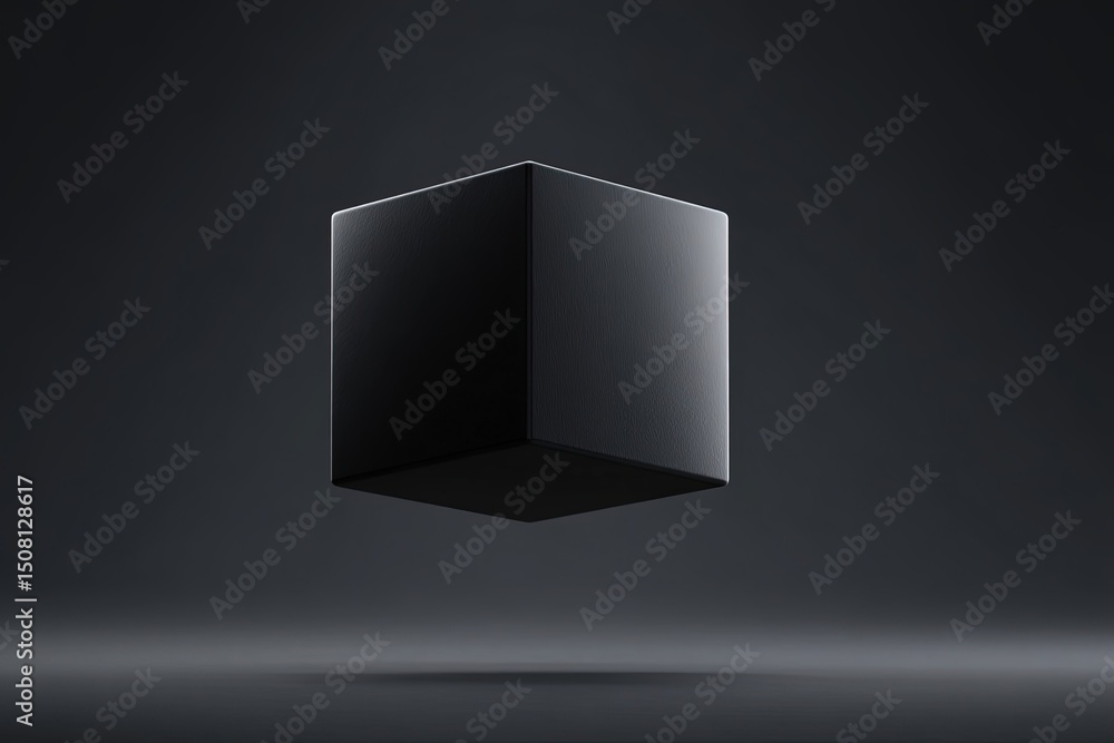 Poster minimalistic 3d black cube floating on dark background with high contrast lighting, front view rende
