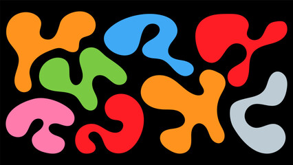 Irregular organic shapes in vibrant colors on a black background create an abstract design