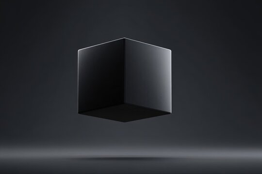 Minimalistic 3D black cube floating on dark background with high contrast lighting, front view render