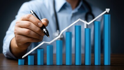 A person draws an upward arrow over a rising blue bar chart, symbolizing growth and success.