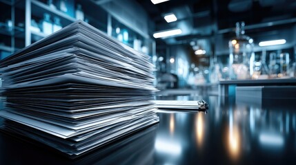 A large stack of documents sits on a shiny lab table, with scientific glassware and equipment visible in the background.