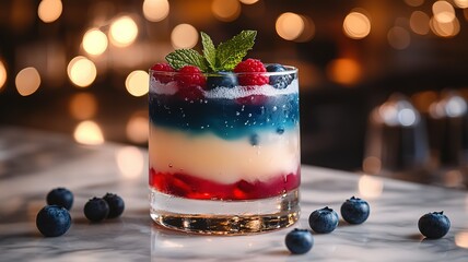 Tricolor cocktail with blueberries, raspberries, and mint, celebrating French National Day with festive elegance.