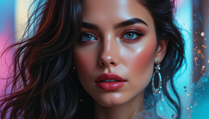 Fototapeta premium Elegant Woman with Dark Hair and Blue Eyes Portrait in Glamorous Setting