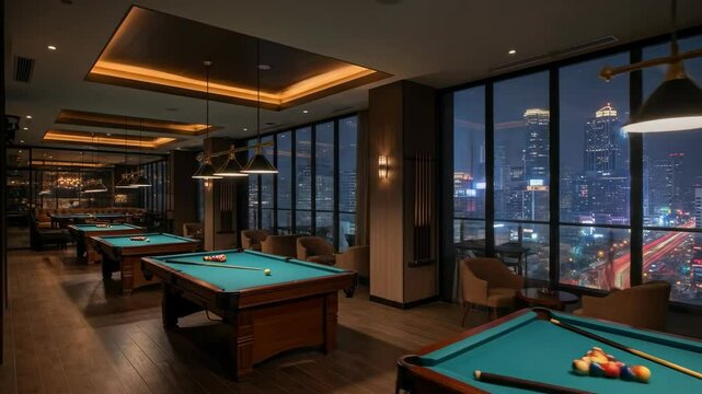 Elegant billiards lounge with cityscape view and ambient lighting at night
