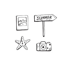 Summer doodle hand drawn set, set of summer elements, vector set. Beach party, sea, travel, vacation.