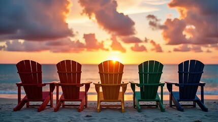 Colorful Beach Chairs Await the Dawn on a Serene Shoreline Bathed in the Golden Glow of a New Day a Picturesque Coastal Escape