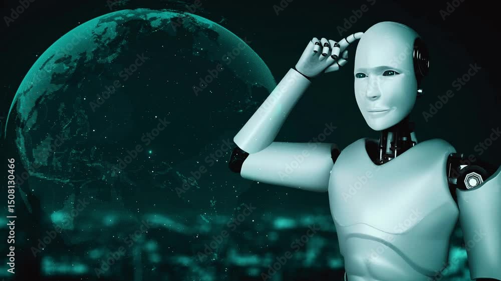Poster ai robot huminoid uses cloud computing technology to store data on online server . futuristic concep