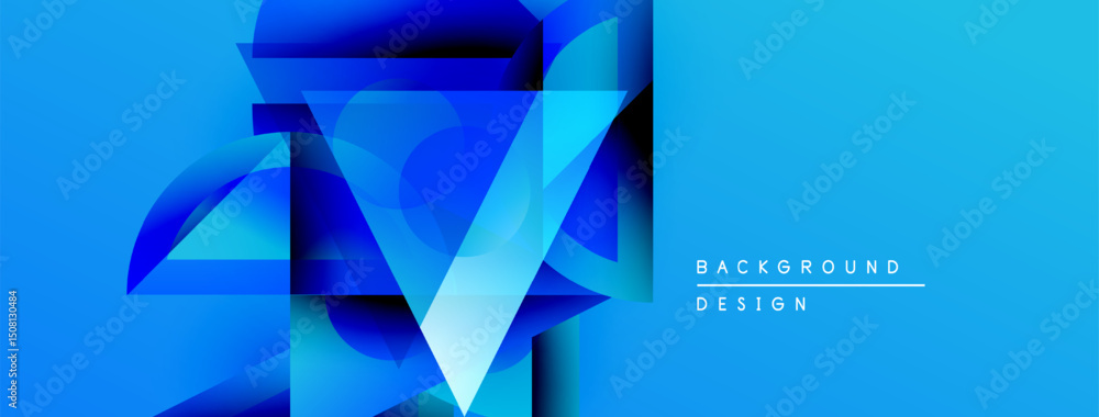 Poster Abstract blue design features layered geometric shapes. Gradient hues create depth, modern aesthetic. Minimal text indicates background purpose.