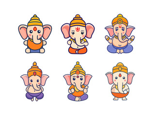 Chibi Ganesha Vector Set – Cute and Smiling Ganesh Deity Character in Cartoon Style with Colorful Outfits and Holy Symbols