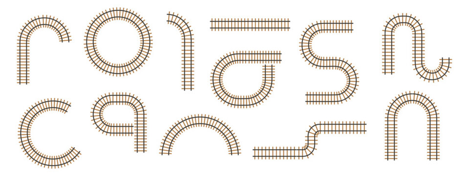 Train track railway segments in various forms. Rail road pattern bundle with straight and curved railroad elements. 3D circular line layout collection for maps and freight schemes. Vector.