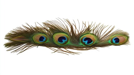 Obraz premium Peacock feather cluster, iridescent eye spots against a white background