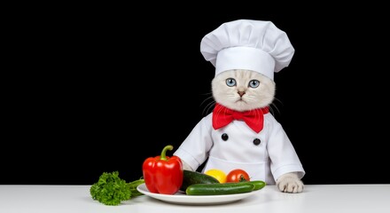 Kitten Chef with White Fur and Blue Eyes Wearing a Toque and Apron Stands Behind Vegetables Isolated on a White Background