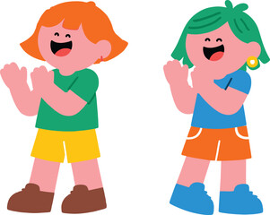 Happy cheerful kids clapping hands, colorful cartoon children with orange and green hair, playful summer clothing, vector illustration