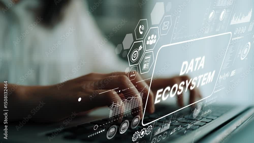 Poster hands typing on laptop with data ecosystem concept visualization for technology and business applica