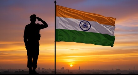 Indian Flag Sunset Salute, Soldier's Patriotic Silhouette, 78th independence day of India celebration 