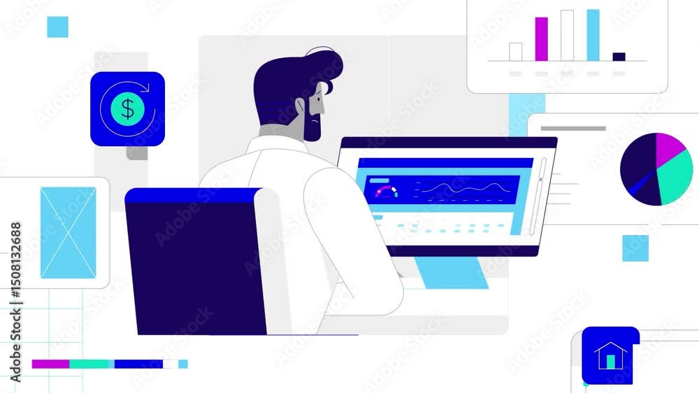 Poster data analyst working on computer with graphs, charts, and research visuals