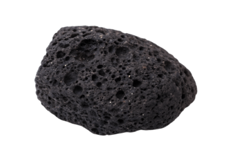 Black lava rock isolated on transparent background, volcanic stone texture