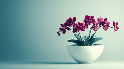 Fototapeta premium Graceful orchid with deep magenta flowers in sleek white container on plain backdrop