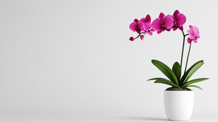 Graceful orchid with deep magenta flowers in sleek white container on plain backdrop
