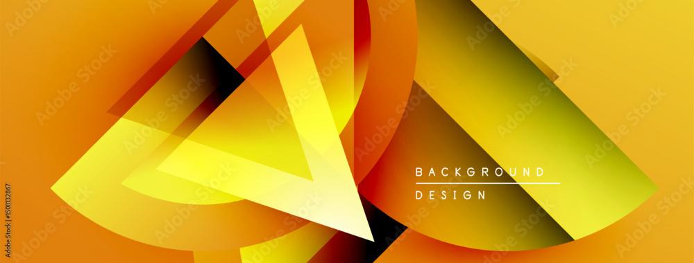Poster Dynamic abstract design features overlapping shapes, gradients. Warm yellow, orange hues dominate composition. Modern aesthetic.