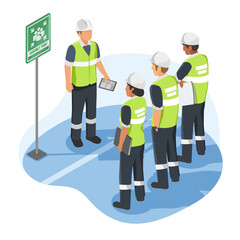Plakat Construction team gathered at emergency assembly point for effective safety planning and efficient coordination briefing on site teamwork concept