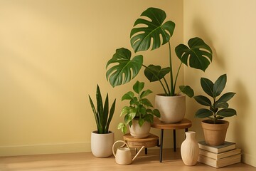 Indoor Plant Styling with Potted Greenery on Wooden Stools and Neutral Wall