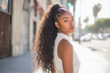 Beautiful african american woman with curly ponytail on the sidewalk in Los Angeles, California