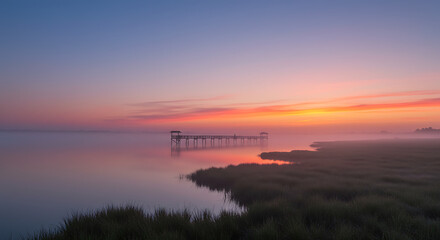 Obraz premium Serene Sunrise over Misty Marsh with Long Wooden Pier
