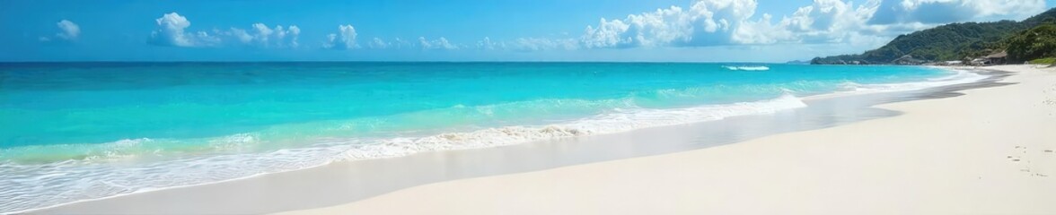 Obraz premium Serene coastal scene featuring pristine white sand, turquoise ocean waves gently lapping the shore, and a clear blue sky Perfect for travel, vacation, or summer themes , relaxation, ocean, sky