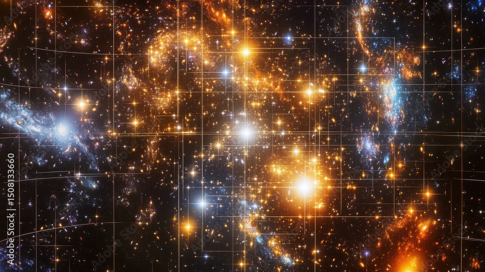 Poster vibrant deep space galaxy with stars nebulae and grid overlay for science and technology application