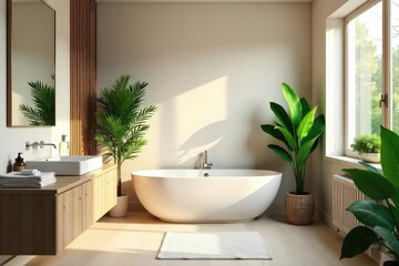 Serene bathroom with soft lighting, fluffy towels, and lush plants  Creates a calming and inviting atmosphere perfect for relaxation and self-care , soap, clean, tiles