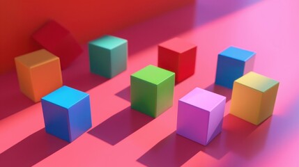 Obraz premium A colorful arrangement of eight geometric shapes on a pink background with shadows cast by the shapes.