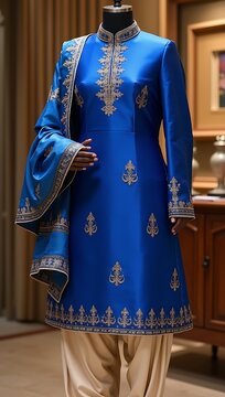 Royal blue silk kurta with golden motifs on mannequin, styled with cream churidar and folded dupatta
