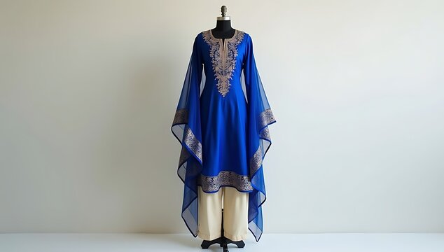 Royal blue silk kurta with golden motifs on mannequin, styled with cream churidar and folded dupatta
