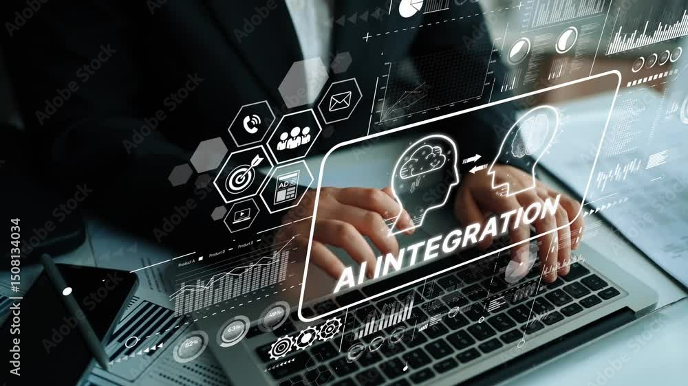 Poster business professional engaging in ai integration while working on laptop with digital interface and 