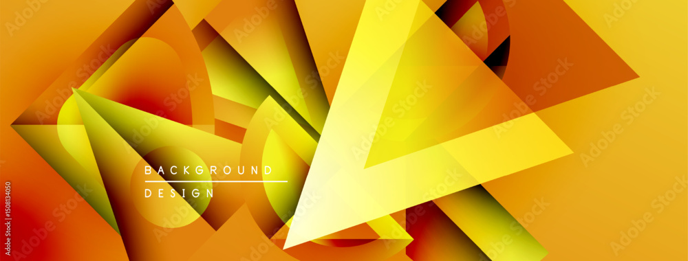 Poster abstract geometric shapes overlap, creating vibrant orange, yellow gradients. modern design elements