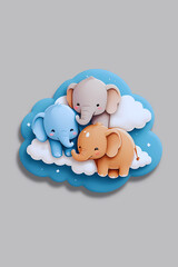baby sleeping on the clouds
Adorable digital illustration featuring three baby elephants in blue, tan, and gray resting on fluffy white clouds against a blue sky. All three are smiling sweetly, creati