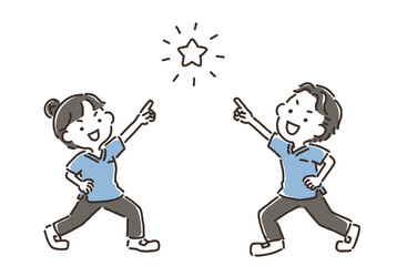 腰に手を当てて星を指差しているスクラブ姿の女性と男性
