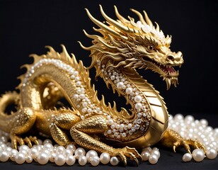 Obraz premium Golden dragon figurine adorned with pearls, posed on a bed of pearls against a black background