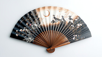 A delicate Japanese hand fan featuring an artistic design of a woman, blossoms, and a moon on warm-toned paper and wooden ribs.
