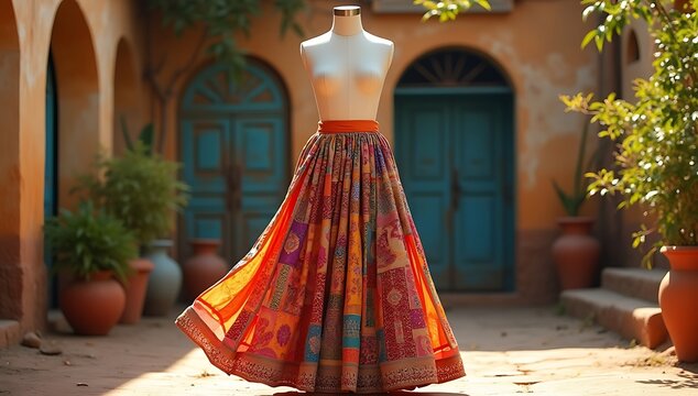 Multicolor ghagra skirt with patchwork design and mirror embroidery, hanging on torso mannequin in outdoor village-themed set
