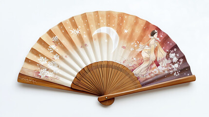 A delicate Japanese hand fan featuring an artistic design of a woman, blossoms, and a moon on warm-toned paper and wooden ribs.